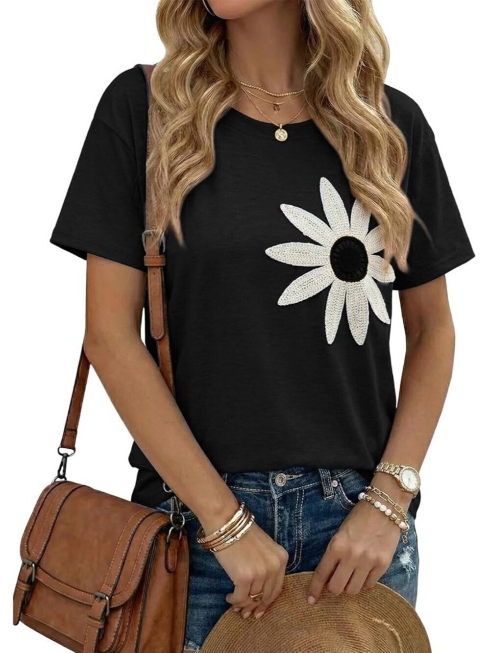 Women's Black Crew-neck Short Sleeve Flower Embroidery Drop Shoulder Top